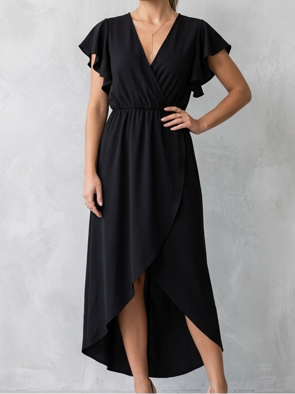 Ruffle Flutter Sleeve Buxom Curvy Black Surplice Wrap Midi Dress Size 1X